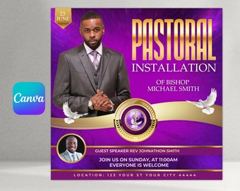 Peut inclure: Invitation pour l'installation pastorale de l'évêque Michael Smith le 23 juin, avec des couleurs violettes et dorées. L'invitation indique le nom de l'orateur invité, le révérend Johnathon Smith, ainsi que l'heure et le lieu de l'événement.