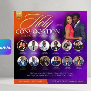 May include: Purple and gold flyer announcing a 50th Holy Convocation, "Seeking the Heart of God." The event will take place May 21-23, with speakers and pastors listed. The event will be held at 38902 South St, Your City, Zip 78023.  The flyer includes a phone number for more information: 1-800-342-9034.