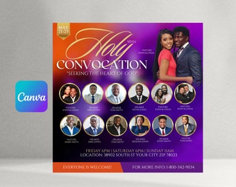 May include: Purple and gold flyer announcing a 50th Holy Convocation, "Seeking the Heart of God." The event will take place May 21-23, with speakers and pastors listed. The event will be held at 38902 South St, Your City, Zip 78023.  The flyer includes a phone number for more information: 1-800-342-9034.