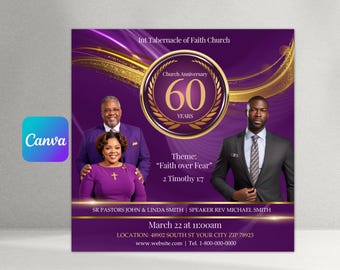 May include: Purple and gold church anniversary invitation with a photo of three people. The text reads "Int Tabernacle of Faith Church", "Church Anniversary 60 Years", "Theme: "Faith over Fear" 2 Timothy 1:7", "SR Pastors John & Linda Smith | Speaker Rev Michael Smith", "March 22 at 11:00am", "LOCATION: 48902 South St Your City Zip 78923", "www.website.com | Tel. 1-800-000-0000".