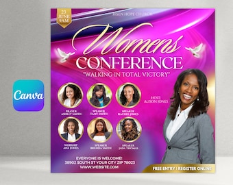 May include: A flyer for a Women's Conference at Risen Hope Church on June 23rd at 9 AM. The flyer features a pink and purple background with a dove and the text "Women's Conference" and "Walking in Total Victory". The flyer also includes photos of the speakers and the host, Alison Jones.