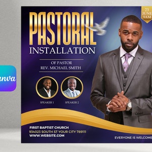 May include: A purple and gold flyer announcing a pastoral installation of Rev. Michael Smith at First Baptist Church on June 23rd at 9 AM. The flyer features a photo of the pastor in a suit and tie, and the text "Everyone is welcome!"