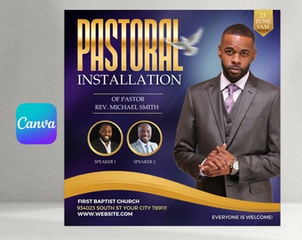 Peut inclure: Une affiche violette et dorée annonçant l'installation pastorale du révérend Michael Smith à la First Baptist Church le 23 juin à 9h00. L'affiche présente une photo du pasteur en costume et cravate, ainsi que le texte "Tout le monde est le bienvenu !"