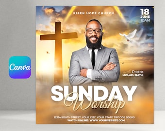 May include: A flyer for a Sunday worship service at Risen Hope Church on June 18th at 10 AM with Pastor Michael Smith. The flyer features a cross, a dove, and a man in a suit against a sunset background.