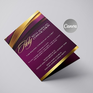 以下が含まれることがあります： 50周年記念式典の紫と金の招待状。招待状には、金色の筆記体で「Holy」という文字と、「I am walking towards my victory.」という引用が書かれています。招待状には、イベントの日時、教会の名前、牧師の名前も記載されています。