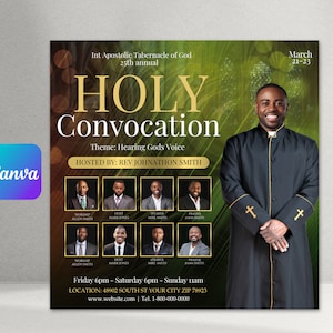 May include: A flyer for a Holy Convocation event at Int Apostolic Tabernacle of God. The event is hosted by Rev Johnathon Smith and the theme is "Hearing Gods Voice". The event will take place on March 21-23. The flyer features a photo of Rev Johnathon Smith in a black robe with a gold trim. The flyer also includes a schedule of events and contact information.