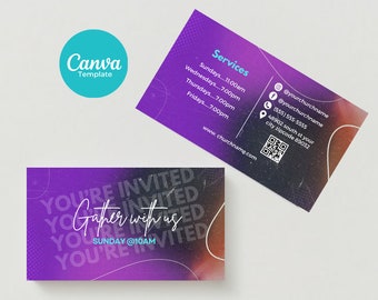 Pode incluir: Um cartão de visita com um degradê de cor púrpura e laranja. O texto "You're Invited" é repetido várias vezes. O texto "Gather with us" está escrito em itálico branco. O texto "Sunday @ 10am" está escrito em branco. No verso do cartão, encontra-se o texto "Services" e uma lista dos horários dos serviços para os diferentes dias da semana. O cartão também inclui um endereço de site, um número de telefone, identificadores de mídia social e um código QR.