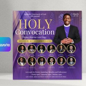 Peut inclure: Une affiche violette et dorée pour un événement de convocation sainte organisé par le révérend Johnathon Smith. L'événement aura lieu à l'Apostolic Tabernacle of God du 21 au 23 mars. L'affiche présente une photo du révérend Smith et une grille de photos d'autres dirigeants d'église.