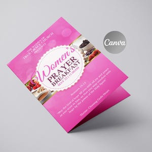 May include: Pink flyer with a white circle that says "Women's Prayer Breakfast" with the date May 22/11:00AM. The flyer has a quote from Romans 15:13 and the theme "Chasing Gods Heart".