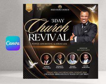 May include: A promotional poster for a 3-day church revival event. The design features a black and gold color scheme with the words "Church Revival" in large, elegant script. Includes portraits of speakers and event details.