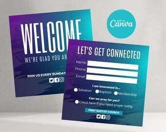 Pode incluir: Um sinal de boas-vindas com um degradê de cores roxo e azul. O texto "WELCOME" está em branco e o texto "WE'RE GLAD YOU ARE" está em branco. O texto "JOIN US EVERY SUNDAY" está em branco. Há ícones de mídia social para Twitter, Facebook e Instagram. Um segundo sinal com um degradê de cores azul e verde. O texto "LET'S GET CONNECTED" está em branco. Há campos para nome, telefone e e-mail. O texto "I am interested in..." está em preto. Há três botões de rádio para Salvation, Baptism e Membership. O texto "Can we pray for you?" está em preto. Há uma caixa de seleção com o texto "Check here if you need prayer today". O texto "FIRST BAPTIST CHURCH" está em branco. Há ícones de mídia social para Twitter, Facebook e Instagram.