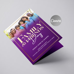 May include: Purple invitation with gold trim for a Family & Friends Day event. The invitation includes a photo of a family, the date and time of the event, and the location. The text reads "Family & Friends Day", "Friday June 22 | 6:00PM", "Risen Hope Church", and "Location 48902 South Street Your City 89024".