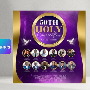 May include: Purple and gold flyer announcing the 50th Holy Convocation on October 22nd at 11:00 am. The flyer features a gold circle with the text "50th Holy Convocation" and a dove flying above. It also includes a grid of photos of the speakers and pastors.