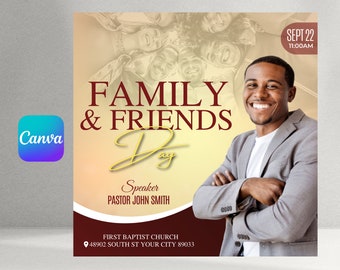 May include: A flyer for a Family & Friends Day event at First Baptist Church. The flyer features a smiling man in a suit and the text "Family & Friends Day" in a gold and red font. The event is scheduled for September 22nd at 11:00 AM. The speaker is Pastor John Smith.