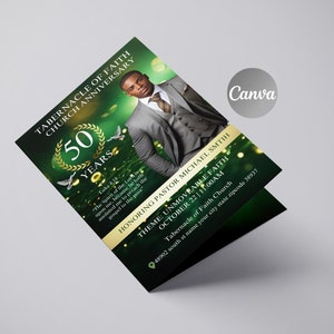 May include: A green and gold church anniversary invitation with a photo of a man in a suit. The invitation reads "Tabernacle of Faith Church Anniversary 50 Years" and "Theme: Unmovable Faith, October 22, 11:00 AM, Honoring Pastor Michael Smith".