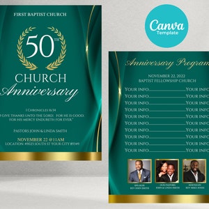 以下が含まれることがあります： 緑と金の教会の記念式典プログラムで、"50周年記念教会"と"2022年11月22日"の文字が書かれています。プログラムには、イベントと講演者のリストが含まれています。