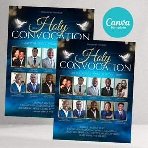 May include: A blue and gold flyer for a Holy Convocation event at Risen Hope Church. The flyer features a dove, the text "Holy Convocation", and a list of speakers. The event will take place on July 21-23, 2023, at 38902 South St. in your city.
