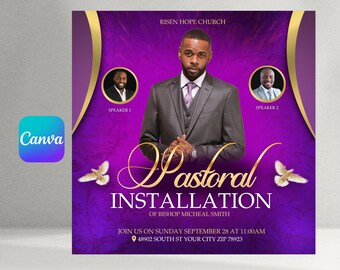 Peut inclure: Une affiche violette et dorée annonçant l'installation pastorale de l'évêque Micheal Smith à l'église Risen Hope le dimanche 28 septembre à 11h00. L'affiche comprend une photo de l'évêque et de deux conférenciers. L'adresse est 48902 South St Your City Zip 78923.