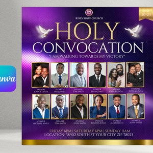 May include: A purple and gold flyer for a Holy Convocation event at Risen Hope Church. The flyer features a dove, the text "Holy Convocation", and the tagline "I am walking towards my victory". The flyer lists speakers and pastors, including John & Linda, Mike Jones, Tom Smith, Kevin Jones, and Kendra Jones. The event will take place on Friday, June 20th, Saturday, June 21st, and Sunday, June 23rd at 38902 South St in Your City, Zip 78023.
