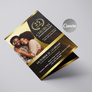 May include: A gold and black church anniversary invitation featuring a photo of a couple. The invitation includes the text "25 Years Church Anniversary", "Honoring Our Pastors John and Linda Smith", "October 22 | 11:00 AM", "Guest Speaker Rev Michael Smith", "Risen Hope Church", "Location: 48902 South St your city state postcode 44444", and "Info: 903-490-3482".