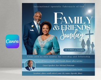 Puede incluir: Un gráfico promocional para un evento de la iglesia. El diseño presenta una pareja, las palabras "Family & Friends Sunday" y detalles del evento. La combinación de colores incluye azules y blanco, con una cruz y siluetas de personas.