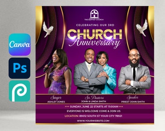 May include: Purple and gold flyer announcing the 3rd anniversary of The Baptist Church. The flyer features a photo of three people, a singer, two pastors, and a speaker. The event is on Sunday, June 22nd at 11:00 AM. The location is 89012 South St Your City 78921. The website is www.yourwebsite.com.