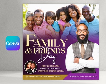 Puede incluir: Folleto morado y dorado con una foto de familia y texto que dice "FAMILY & FRIENDS Day" con la fecha y hora "MAY 22 | 11:00AM", la ubicación "28903 SOUTH ST YOUR CITY 78033", y el orador "SPEAKER REV. JOHN SMITH".