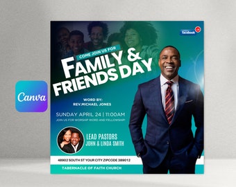 Puede incluir: Un folleto azul y verde con el texto "Family & Friends Day" en blanco. El folleto anuncia un evento de la iglesia con la fecha, la hora y los nombres de los pastores principales. El folleto también incluye el nombre y la dirección de la iglesia.