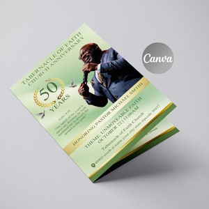 May include: A green and gold church anniversary invitation with a photo of a man speaking into a microphone. The invitation reads "Tabernacle of Faith Church Anniversary 50 Years" and "Honoring Pastor Michael Smith, Theme: Unmovable Faith, October 22 | 11:00 AM".
