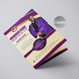 Könnte beinhalten: Lila und goldene Ordinationsservice-Ankündigung für Bischof Michael Jones. Die Ankündigung enthält ein Foto des Bischofs, das Datum und die Uhrzeit des Gottesdienstes sowie den Ort der Kirche. Der Text enthält ein Zitat aus Lukas 4,18: "Der Geist des Herrn ist auf mir, weil er mich gesalbt hat, den Armen das Evangelium zu predigen."