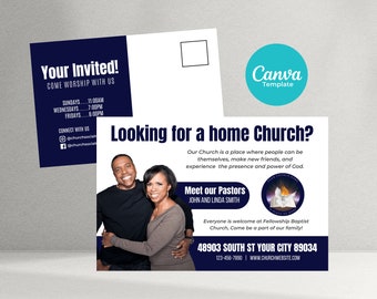 Pode incluir: Um cartão postal convidando as pessoas para a Fellowship Baptist Church. O cartão postal apresenta uma foto de um casal, um logotipo da igreja e o texto "Looking for a home Church?"  O cartão postal inclui o endereço da igreja, seu número de telefone e seu site.