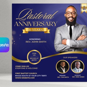 May include: A navy blue and gold flyer for a Pastoral Anniversary, featuring a smiling man in a suit and glasses. The flyer includes the text "Pastoral Anniversary 50 Years", "Honoring Rev. John Smith", and details for the event.