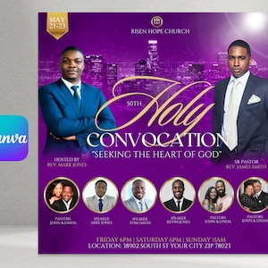 May include: Purple flyer with a gold border announcing a 50th Holy Convocation "Seeking the Heart of God" at Risen Hope Church. The event will take place on May 21-23, with speakers including Rev. Mark Jones, Rev. James Smith, Mike Jones, Tom Smith, and Kevin Jones. The flyer also includes the event location: 38902 South St Your City Zip 78023.
