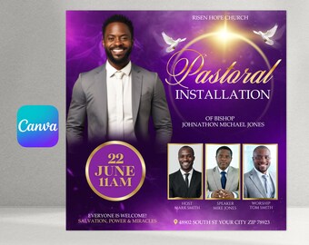 Peut inclure: Affiche promotionnelle pour un événement religieux, avec un homme en costume gris et le texte "Pastoral Installation". Elle annonce l'événement le 22 juin à 11h. Les noms de l'hôte, du conférencier et du responsable du culte sont également présents.