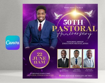May include: Purple and gold flyer announcing the 50th Pastoral Anniversary of Bishop Johnathon Michael Jones at Risen Hope Church on June 22nd at 11 AM. The flyer includes the names of the host, speaker, and worship leader.