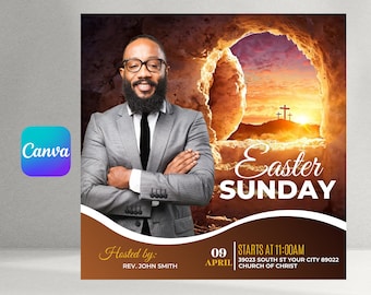 May include: A flyer announcing an Easter Sunday service at the Church of Christ. The flyer features a photo of a man in a suit standing in front of a cave with a sunrise in the background. The text on the flyer reads "Easter Sunday", "Hosted by: Rev. John Smith", "09 April", "Starts at 11:00 AM", "39023 South St Your City 89022", and "Church of Christ".