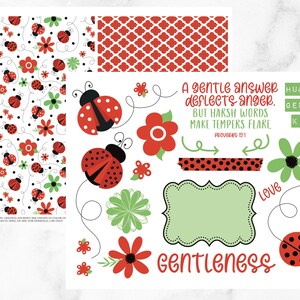 May include: A printable sheet with a ladybug theme. It includes a quote about gentleness, a ladybug pattern, and a blank frame. The quote reads "A gentle answer deflects anger, but harsh words make tempers flare. Proverbs 19:1".