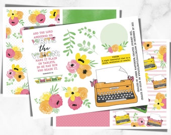 Journalisation biblique imprimable | Habacuc 2 : 2, imprimés floraux, journalisation de fleurs, autocollants bibliques de machine à écrire, téléchargement immédiat