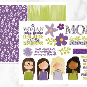 May include: A digital printable sheet with a purple and white floral pattern, a green and white watercolor pattern, and a white background with purple flowers, a quote about a woman who fears the Lord, and the word "MOM" with purple flowers. The word "MOM" is followed by the text "fearfully and wonderfully made". There are also four cartoon illustrations of women with different hair colors and skin tones. The text "Graceful, Caring, Loving, Giving, Brave, Selfless, Strong" is also included.
