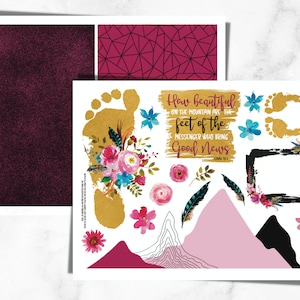 May include: A printable craft sheet with a quote from the Bible, "How beautiful on the mountain are the feet of the messenger who bring Good News."  The sheet includes images of mountains, footprints, feathers, and flowers.