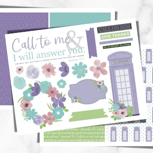 May include: A printable digital download featuring a floral design with the text "Call to me & I will answer you." and "And will tell you great and unsearchable things that you have not known. Jeremiah 33:3". The printable also includes a phone booth, a wreath, and other floral elements.