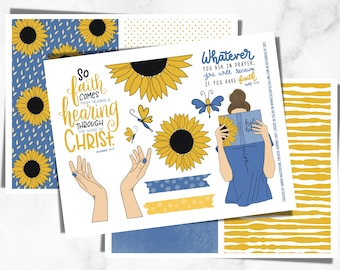 Bible Journaling Printable | Romans 10:17, Floral Printables, Faith Bible Journaling, Sunflower Bible Stickers, Instant Download