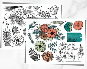 Bible Journaling Printable | Ruth Printable, Hand Drawn Flowers Bible Journaling, Earth Tone Bible Journal, Instant Download, Doodle Sticker
