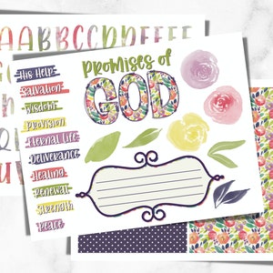 May include: A printable sheet with a floral design and the words "Promises of God" in large, colorful letters. The sheet includes a list of promises from God, such as "His Help", "Salvation", "Wisdom", "Provision", "Eternal Life", "Deliverance", "Healing", "Renewal", "Strength", and "Peace".