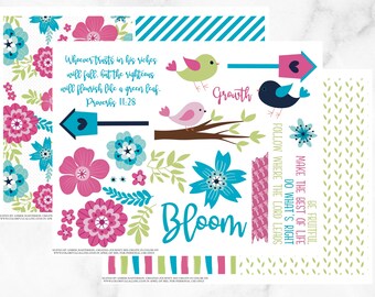 Bible Journaling Printable | Proverbs 11:28, Bird House Bible Journal, Flower Bible Stickers, PDF Printable, Bird, Summer Prints, Proverbs