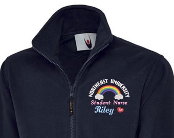 Personalised Healthcare Staff Students Unisex Fleece Jacket, Embroidered Rainbow Designs, Heart Baby Footprints Butterfly Flower Designs