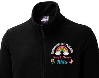 Custom Healthcare, Staff & Student Light Weight Fleece Jacket, Embroidered Rainbow in Neon Colours, Workwear Jackets