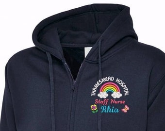 Personalised Healthcare Staff Students Unisex Hoodie with Embroidered Rainbow Designs in Neon Colours, NHS Hoodie Jackets.