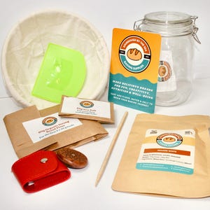 Sourdough Starter Kit 15 Piece Gift Set BESTSELLER Perfect Gift for Bread Making at Home - Dried Starter, Jar, Banneton, Scraper