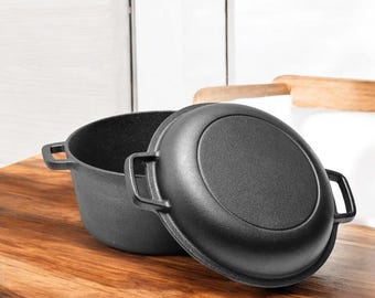 4.5L Double Dutch Oven 2-in-1 Seasoned Cast Iron – Perfect for Sourdough Baking, Stews & More